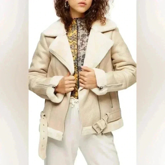 Topshop Cora Faux Shearling Moto Aviator Biker Jacket Cream Ecru Size 4 NWOT - Picture 2 of 16